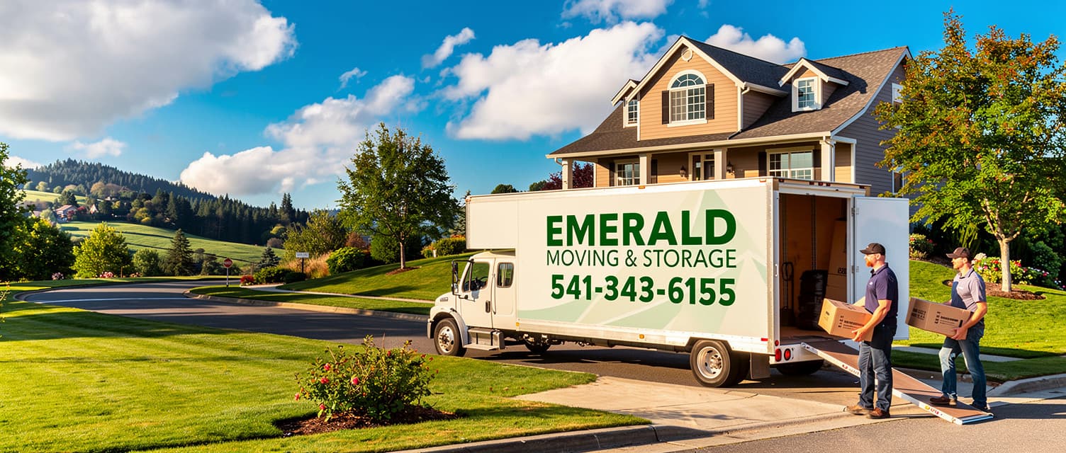 Emerald Moving & Storage truck at a Willamette Valley home